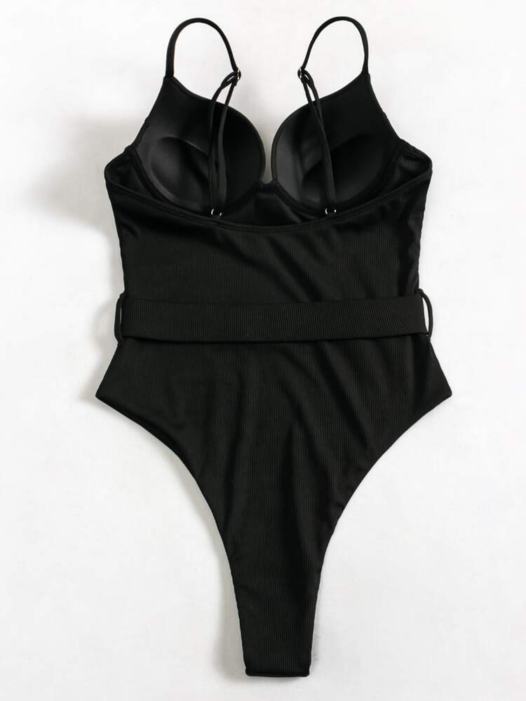 EMERY ROSE Rib Buckle Front Underwire One Piece Swimsuit | SHEIN