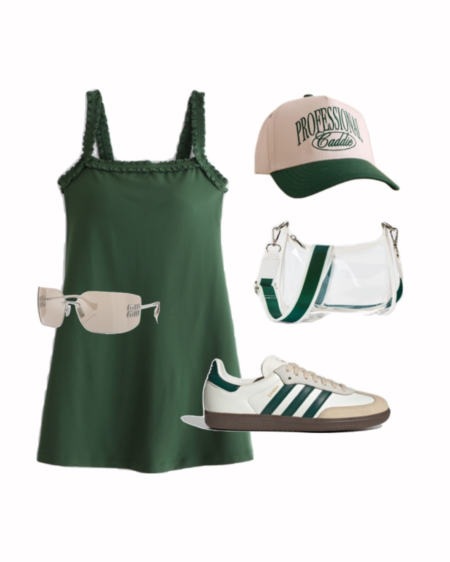 green dress outfit, golf outfit inspo, WM Phoenix Open outfit, golf tournament outfit, sporty chic style, adidas sambas outfit, casual game day outfit, neutral baseball hat, trucker hat outfit, clear stadium bag, green dress look, casual weekend style, Arizona outfit inspo, cute golf outfit ideas, sporty fashion finds, comfortable tournament outfit, outdoor event outfit inspo 🏌🏼‍♀️💚

#LTKFindsUnder100 

#LTKActive #LTKSaleAlert