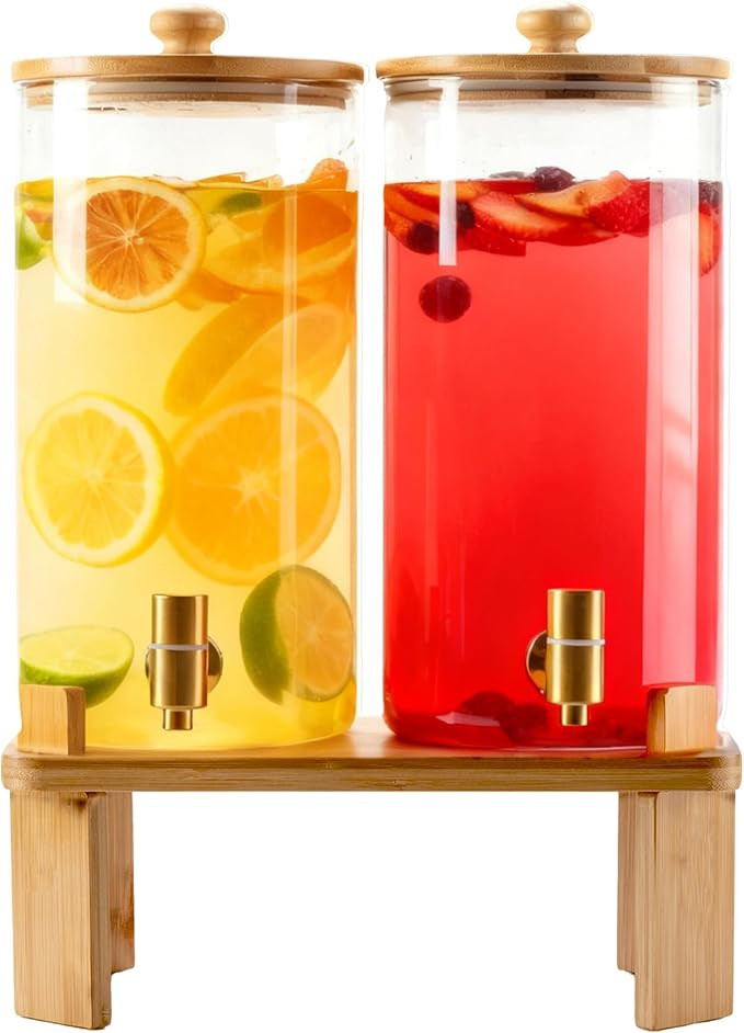 Amazon.com | 1.5 Gallon 2 Pack Glass Drink dispenser for parties,Beverage Dispenser With Wood Sta... | Amazon (US)