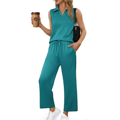 PINSPARK Two Piece Sets for Women Sleeveless Outfits Travel Tracksuit V Neck Top Wide Leg Pant Lounge Sets 2025 Summer Green Jade S | Target