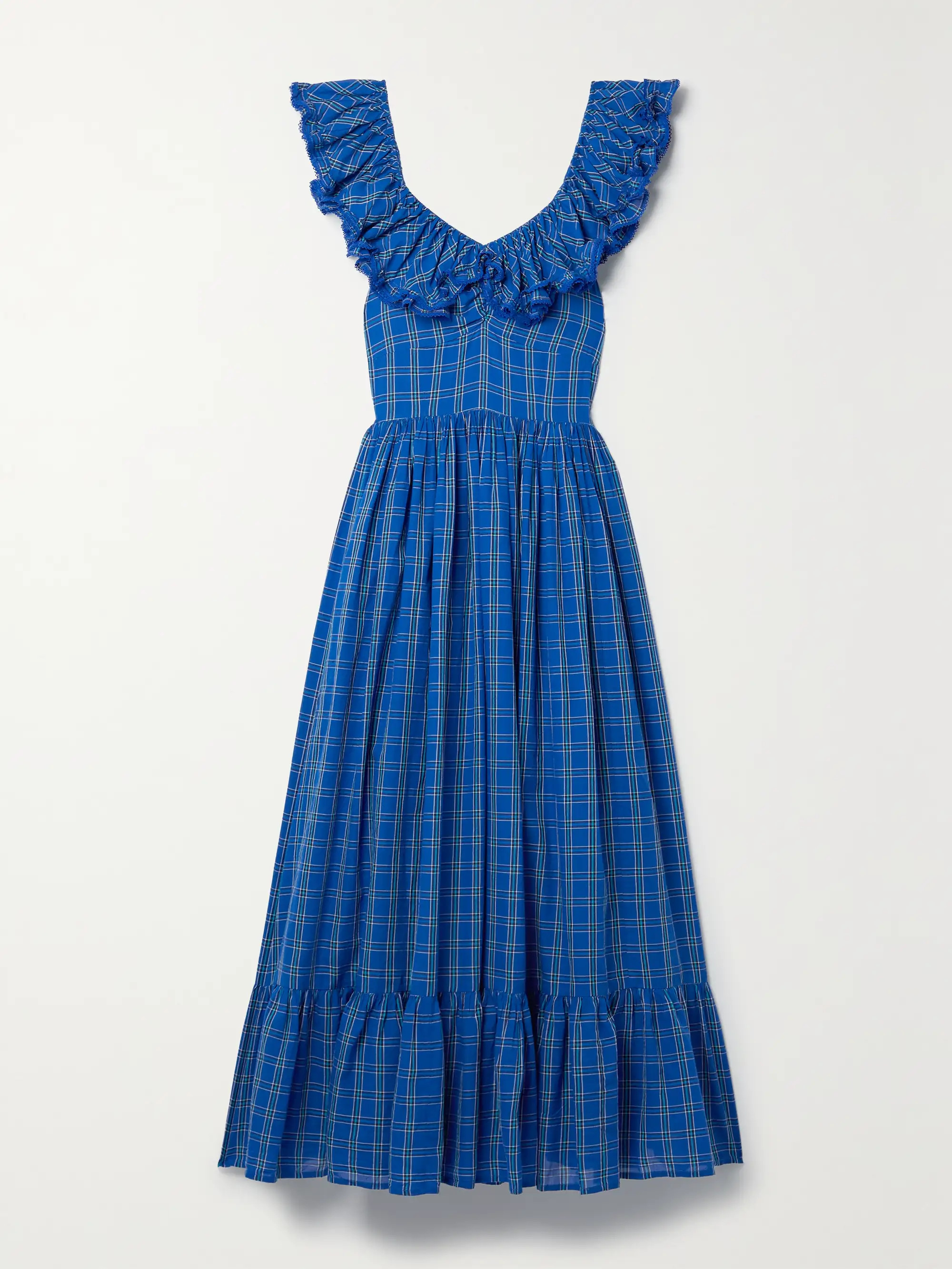 Blue + NET SUSTAIN Sora ruffled checked organic cotton-voile maxi dress | DÔEN | NET-A-PORTER | NET-A-PORTER (US)