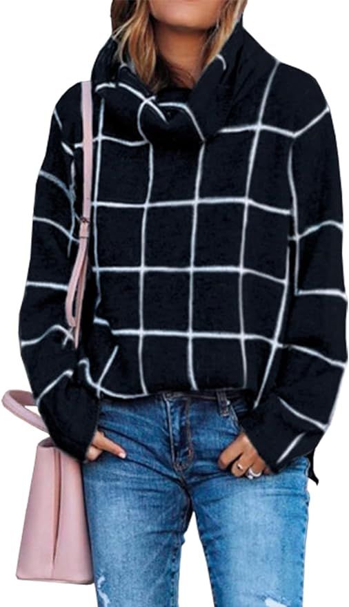 KIRUNDO 2022 Fall Winter Women’s Turtleneck Knit Sweater Long Sleeves Pullover Plaid Side Split... | Amazon (US)