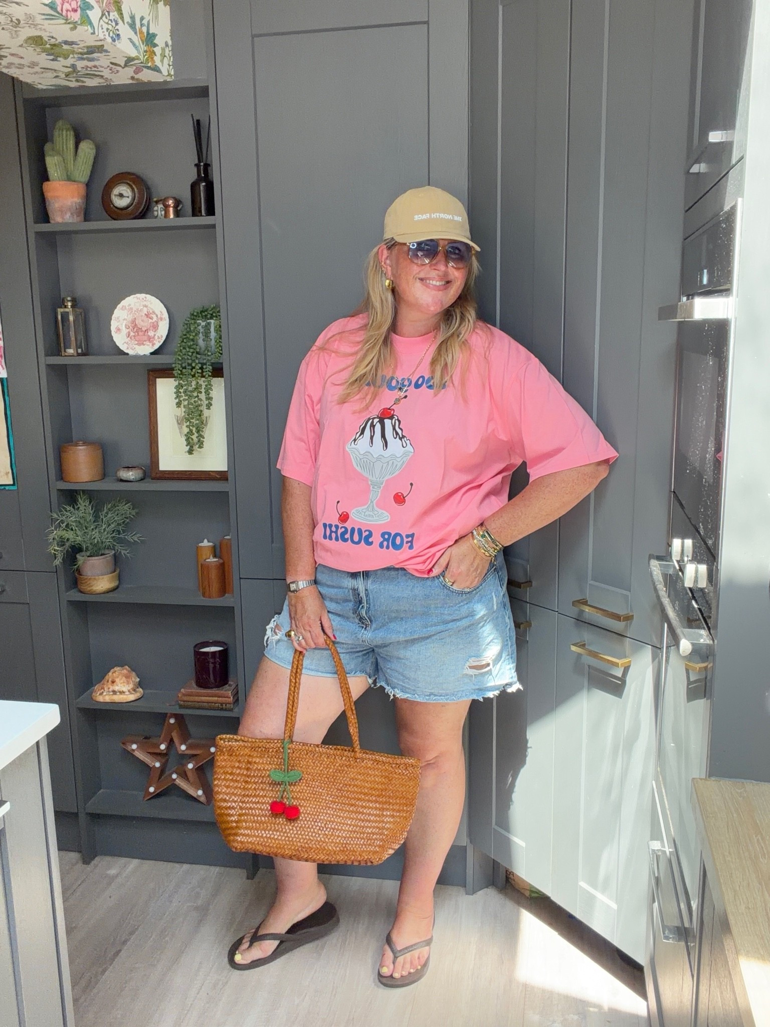 Shorts, pink tshirt, cap, woven tote bag, flip flops, sunglasses

#LTKsummer #LTKplussize #LTKstyletip