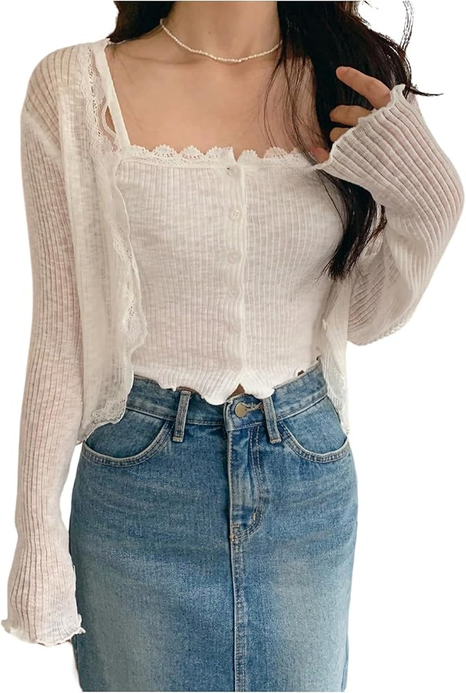 GORGLITTER Women's Button Up Lightweight Cardigan Sheer Lace Trim Long Sleeve Open Front Fall Kni... | Amazon (US)