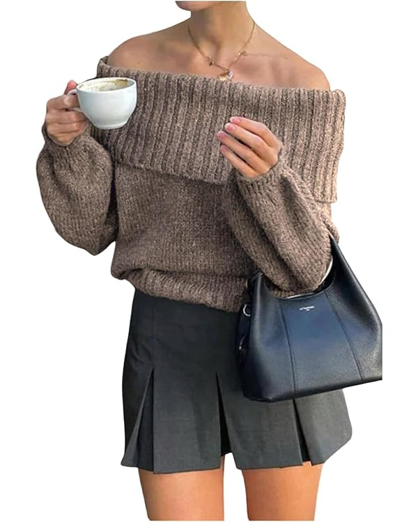 Floerns Women's Off Shoulder Sweater Long Bishop Sleeve Foldover Knitted Pullover Sweaters | Amazon (US)