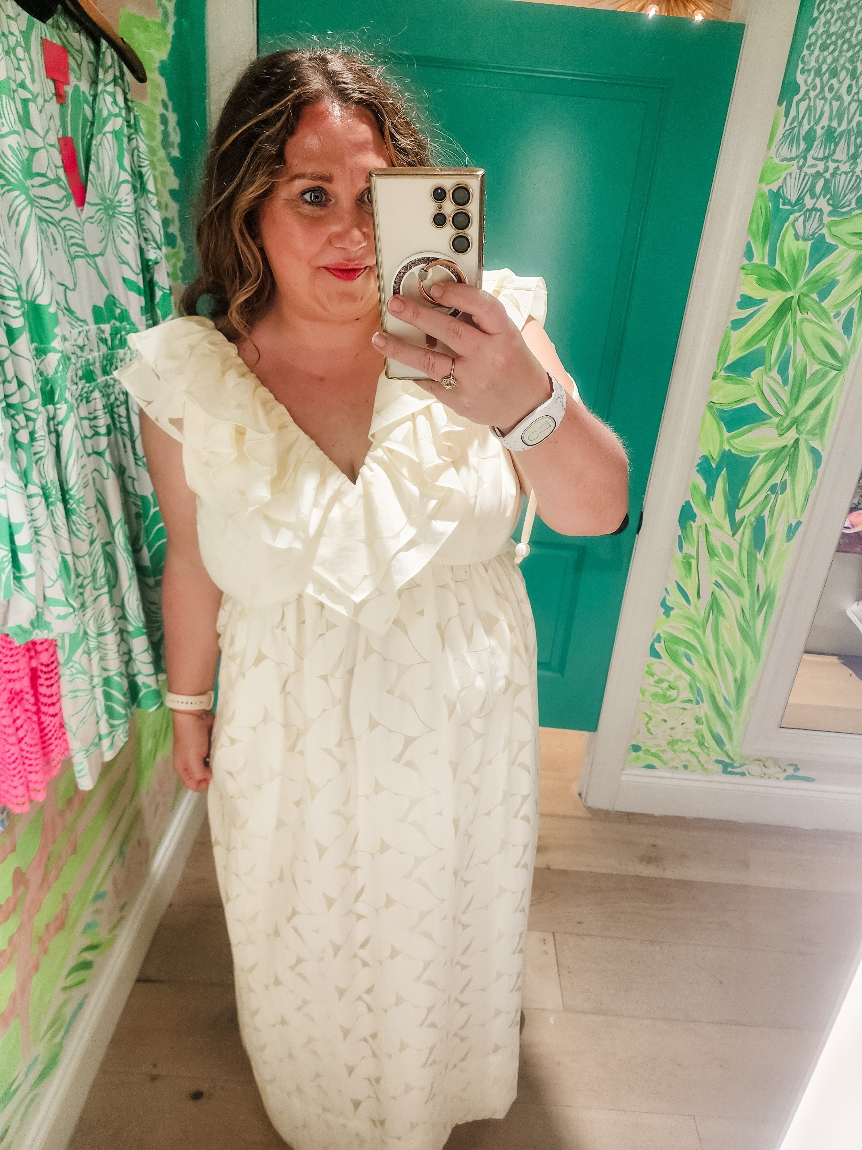 This is the Ritamarie Maxi in Pastel Finch Yellow Flora Faille in size 16Online this dress looked like an old ladies duster (pajama cover) in person It does look pretty but I'm just not a "pastel" person I don't think.  This is not zipped up all the way in the back when I got to my chest it would not go any further. I'll never understand why they can't just make these wo a zipper and stretchy, flowy, and comfortable? If this dress was in the neon hot pink of the Hadly currently and then was stretchy without a zipper. I'd be all over it. Are you A pastel person?#livinglargeinlilly #lillypulitzer #maxi #plussize 

#LTKmidsize #LTKplussize #LTKwedding