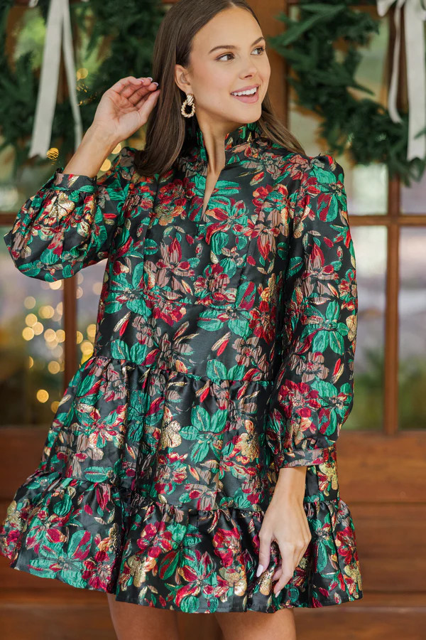 Just A Feeling Emerald Green Floral Brocade Dress | The Mint Julep Boutique