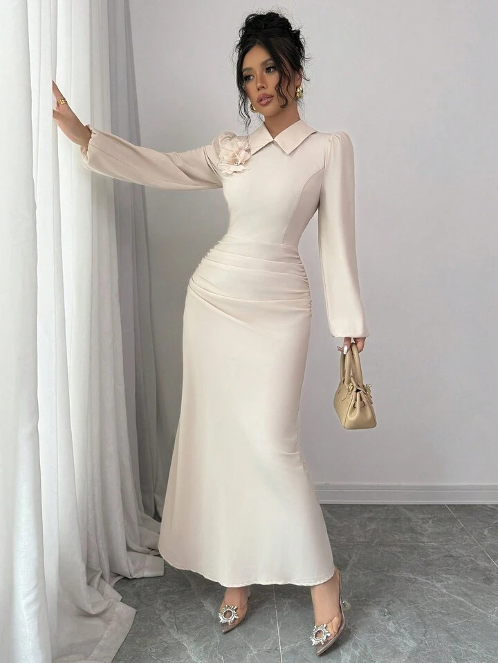 SHEIN Franclia 1pc Women's Elegant Ruched A-Line Midi Dress With Turndown Collar And Long Lantern... | SHEIN