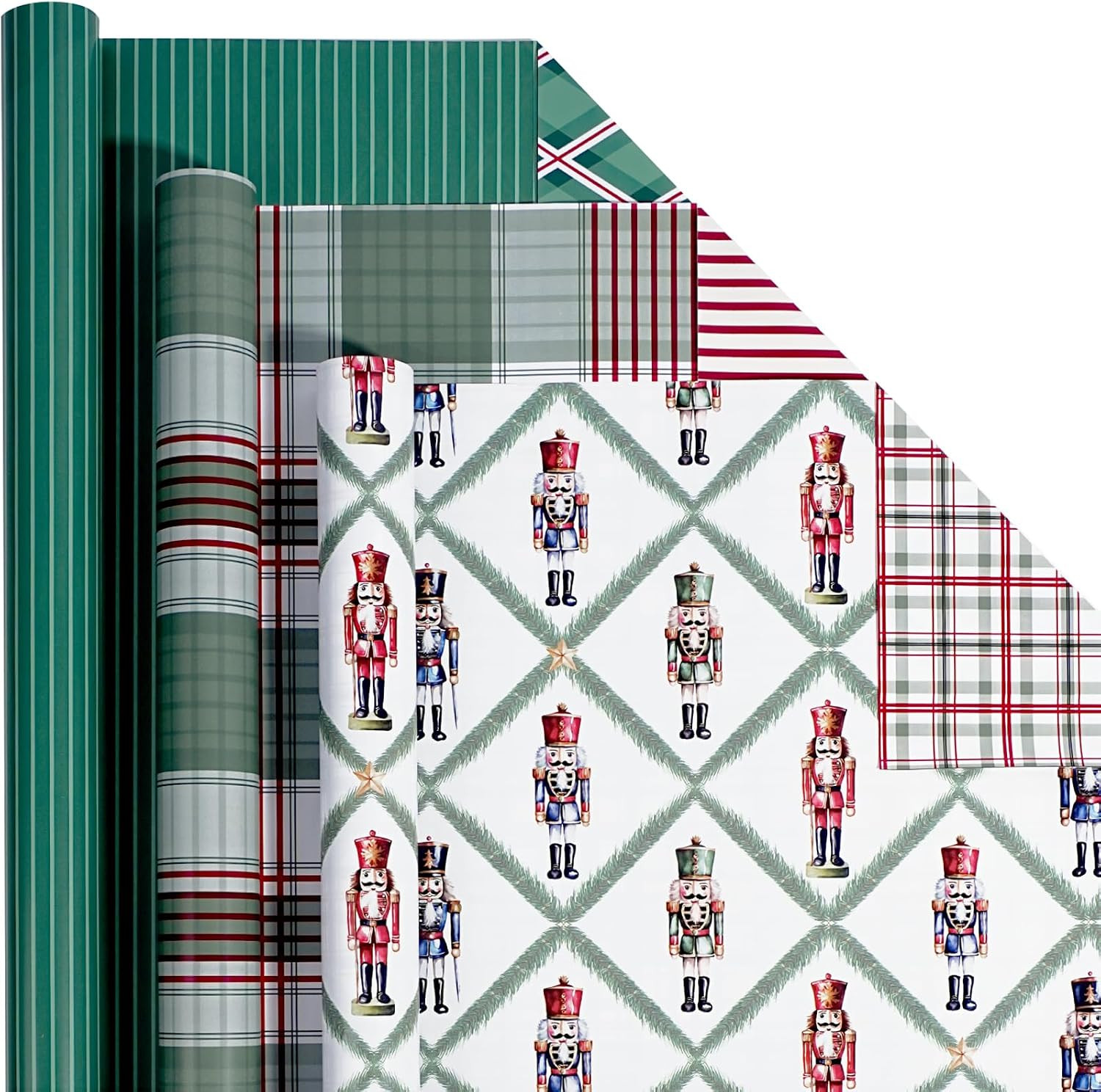LaRibbons Reversible Plaid Christmas Wrapping Paper Set, Retro Nutcracker | Amazon (US)