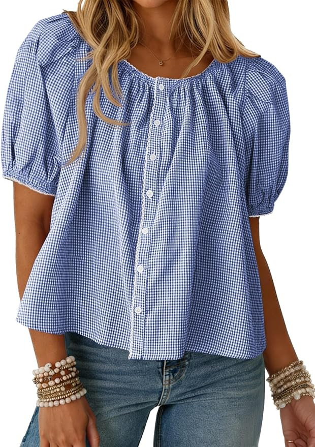 Amazon.com: Tankaneo Womens Puff Sleeve Gingham Blouse Summer Plaid Crew Neck Cute Tops Trendy Ca... | Amazon (US)