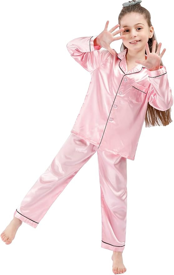 Girls Boys Kids Silk Satin Pajamas Set Button-Down Clothes Long Sleeve Loungewear Sleepwear PJS | Amazon (US)
