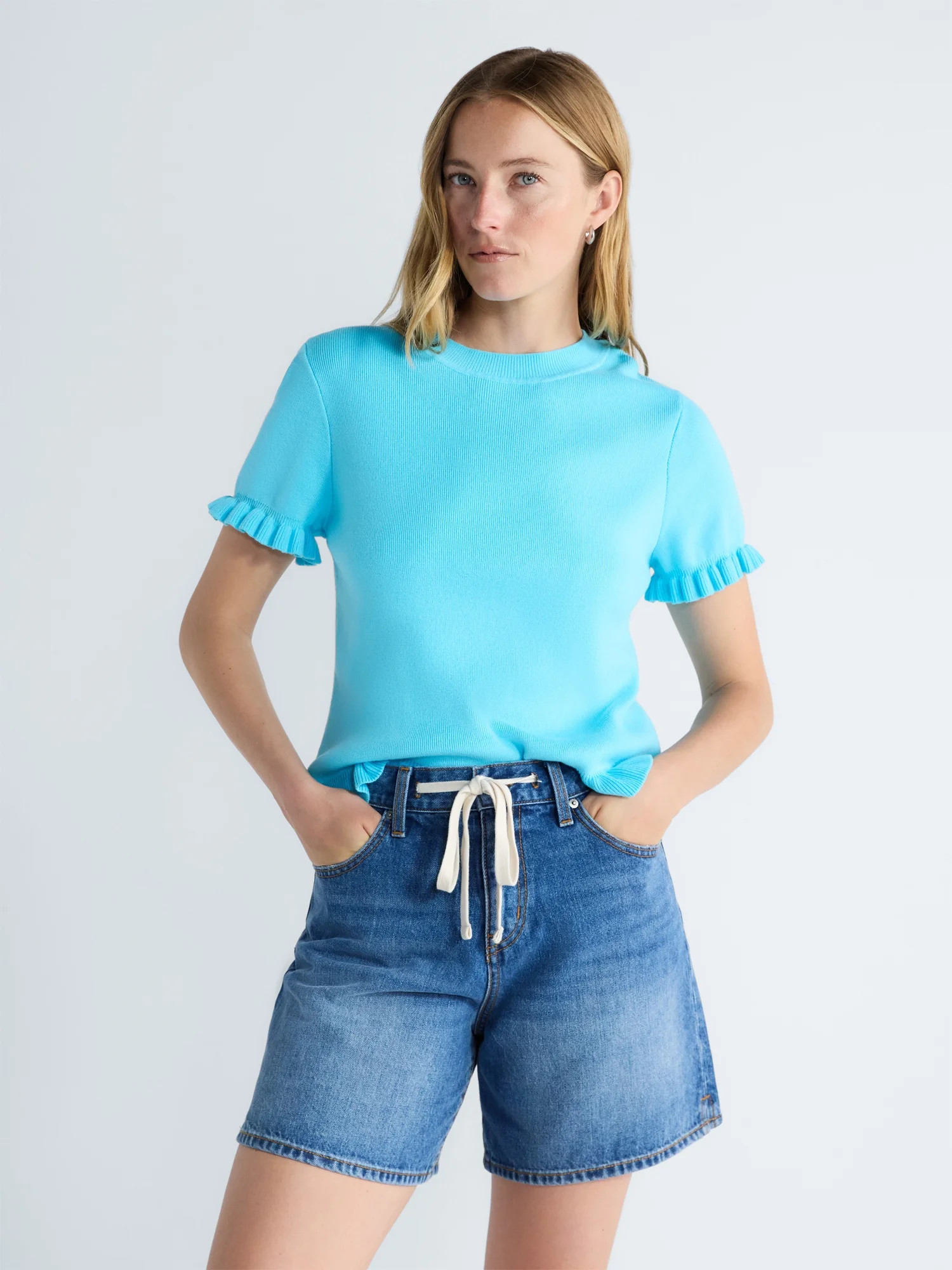 Free Assembly Women’s Ruffle Trim Sweater with Short Sleeves, Lightweight, Sizes XS-XXL | Walmart (US)