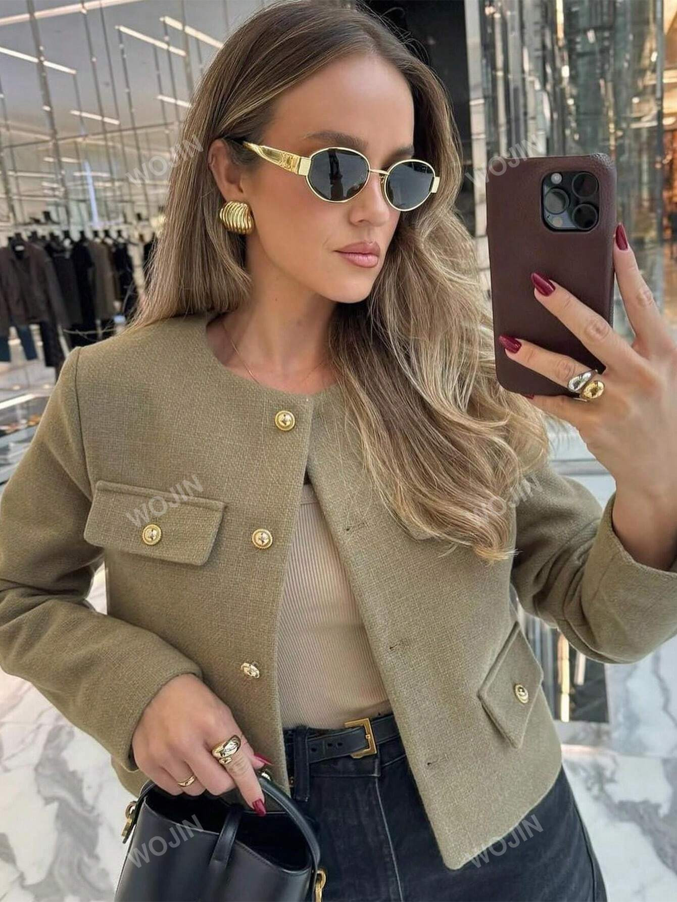 Women's Elegant Casual Tweed Jacket Round Neckline Decorated  Long Sleeves Solid Colour Coat | SHEIN