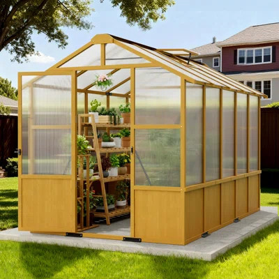 Wooden Greenhouse With Pine Wood Frame & Polycarbonate Panels, Walk-In Outdoor Greenhouse With Reinforced Roof, Lockable Door & Roof Vents For Backyar | Wayfair North America