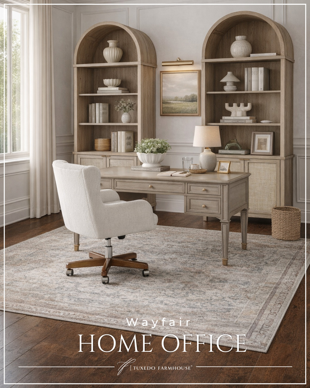 Your dream home office just got an upgrade 🤍✨

This space blends timeless elegance + everyday function with warm wood tones, soft textures, and classic details that never go out of style.

✔ Statement arched bookcases for that designer look
✔ A refined desk that makes working from home feel elevated
✔ The coziest swivel chair you’ll never want to leave
✔ A vintage-inspired rug that ties it all together

 

 #LTKSeasonal #LTKHome #LTKSaleAlert