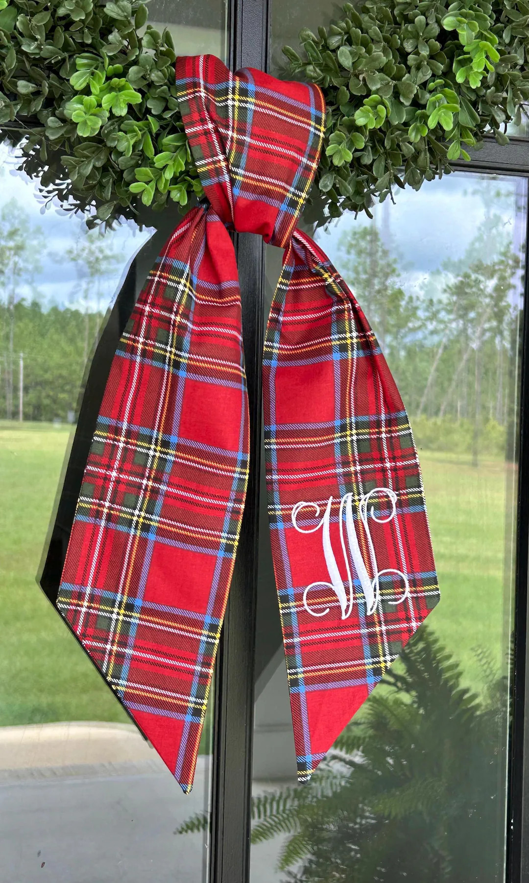 Christmas Plaid Wreath Sash With WHITE Initial Embroidered Front Door Wreath Decor - Etsy | Etsy (US)