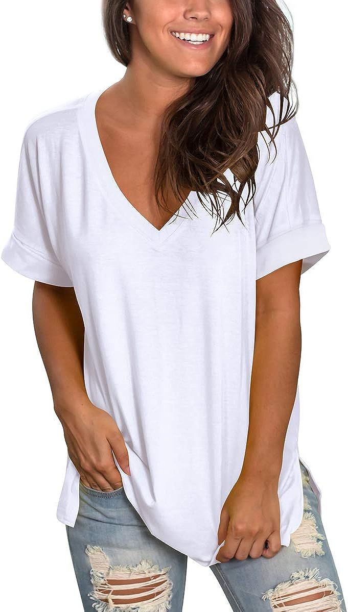 SAMPEEL Women's V Neck T Shirts Rolled Short Sleeve Side Split Summer Tops Loose Fit | Amazon (US)