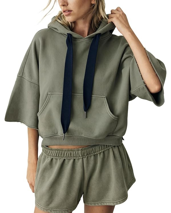 Megfie Womens Cropped Three Quarter Sleeve Hoodie Contrast Drawcord | Amazon (US)