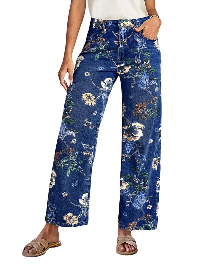 Floral Print Wide Leg Pants for Women Trendy Mid Rise Boho Ankle Cute Jeans S - Walmart.com | Walmart (US)