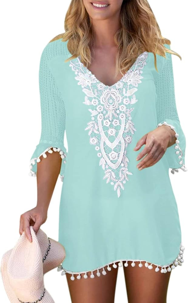 BLENCOT Women's Crochet Chiffon Tassel Swimsuit Bikini Pom Pom Trim Swimwear Beach Cover Up | Amazon (US)
