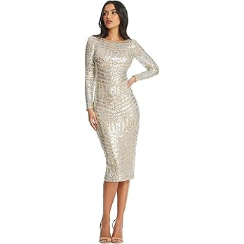 Dress the Population Womens Emery Long Sleeve Stretch Sequin Midi SheathDress | Amazon (US)