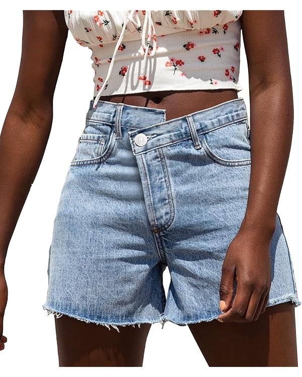 Susupeng Women Asymmetric Criss Crossover High Waist Summer Denim Shorts Stretchy Casual Raw Cut ... | Amazon (US)
