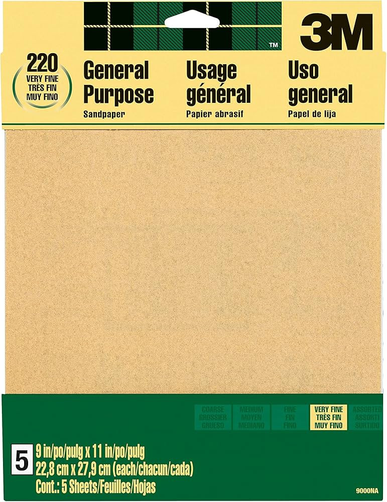 3M Sandpaper, 220 Grit, 5 Sheets, 9 in x 11 in, Sands Paint, Wood & Metal, Great For General Purp... | Amazon (US)