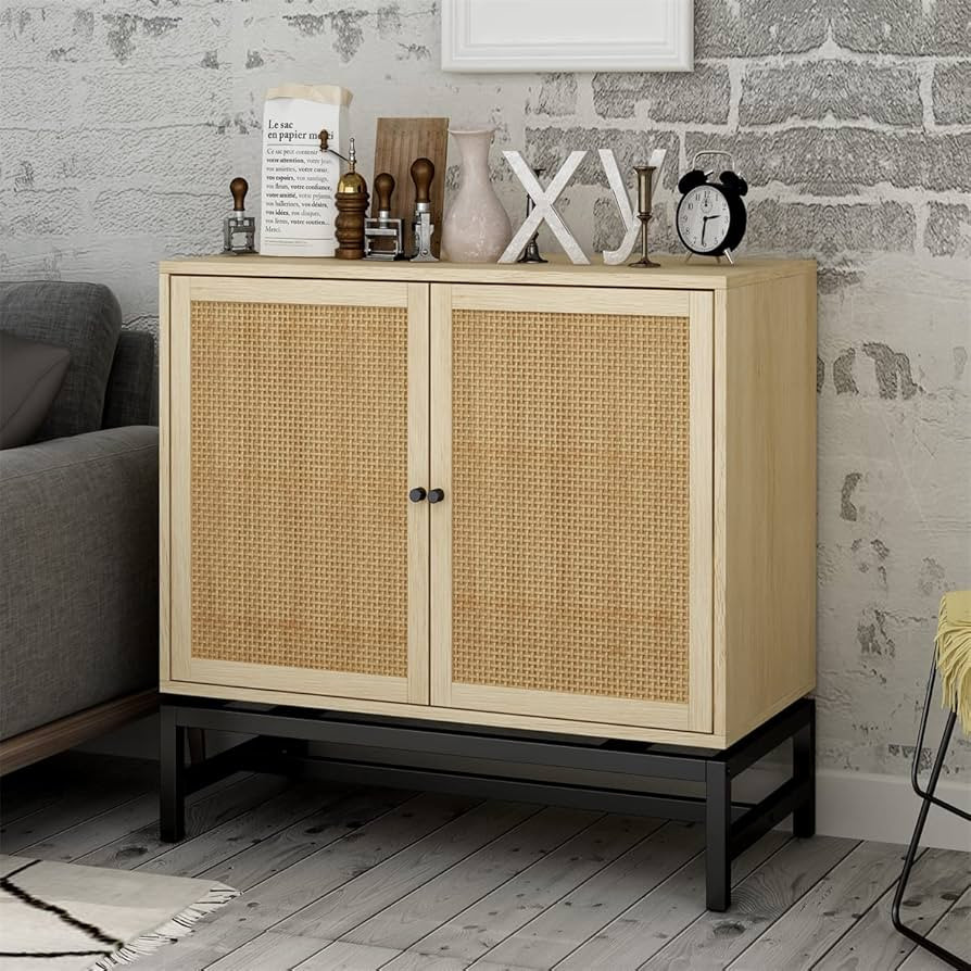 LKTART Mid-Century Natural Rattan Buffet Sideboard Storage Cabinet with 2 Doors 1 Adjustable Inne... | Amazon (US)