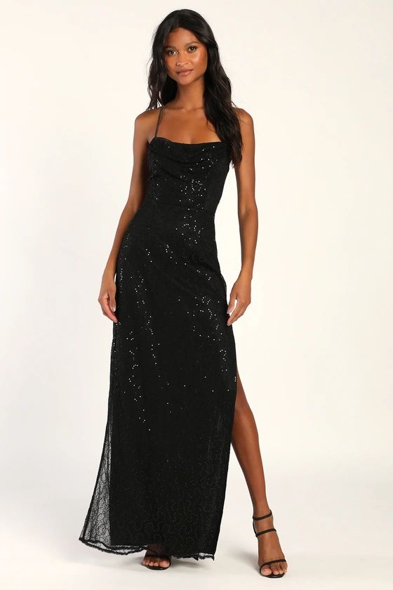 Midnight Stunner Black Sequin Cowl Neck Lace-Up Maxi Dress | Lulus (US)