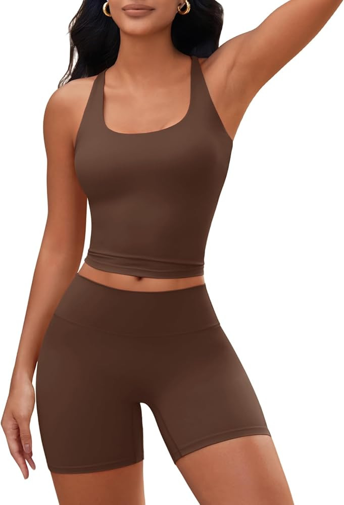 Aoysky Womens 2 Piece Workout Sets Cross Back Padded Halter Tank Tops High Waisted Biker Yoga Sho... | Amazon (US)