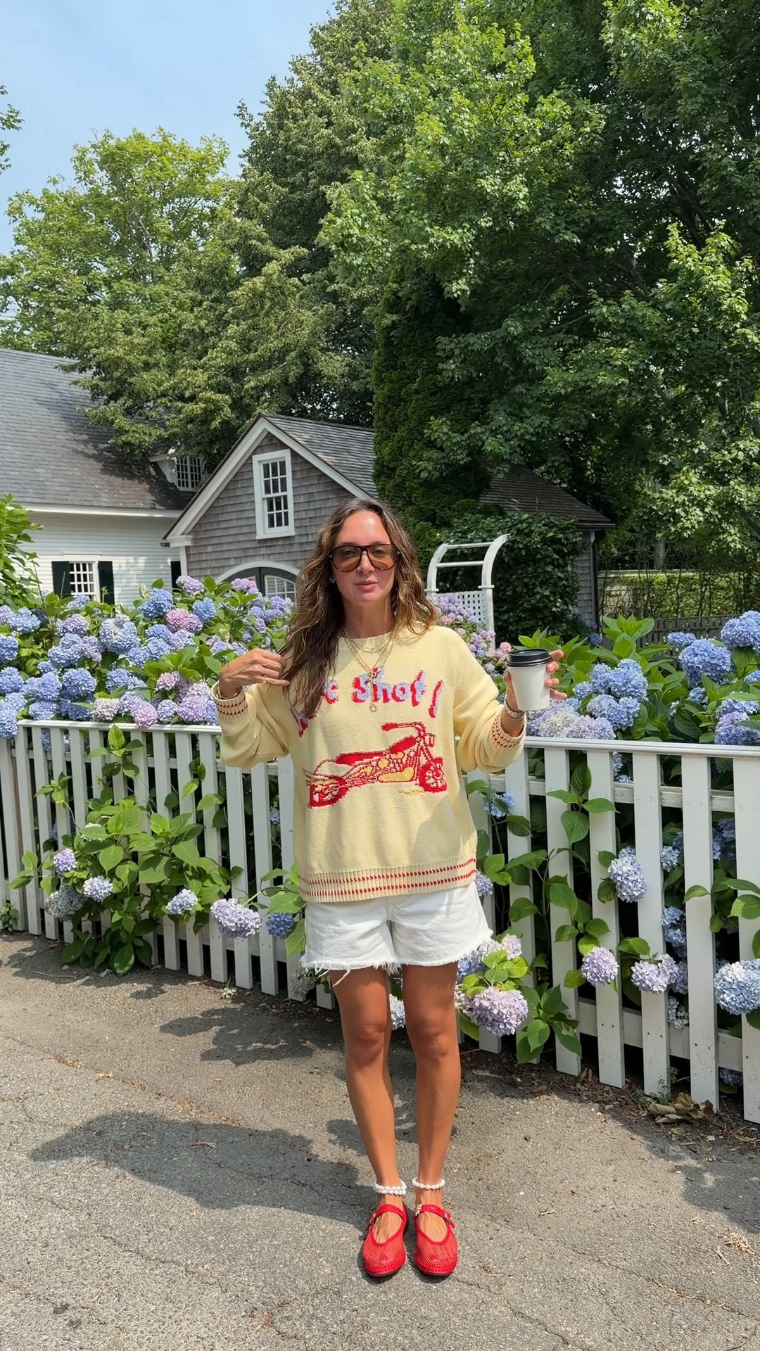 Small sweater 23 shorts! Shoes run very small I went up a full size! Jelly flats are a great alternative for way less $