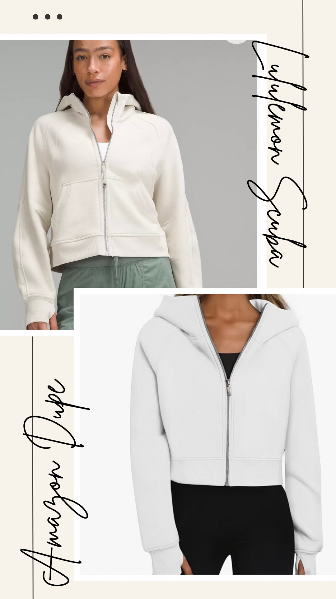 Lululemon scuba full zip vs Amazon dupe! Loving both of these right now and all of the colors that the Amazon dupe comes in! I just ordered the coffeegrey on Amazon - on sale for $28 + a 10% coupon when you add to cart! 

#LTKActive #LTKFindsUnder50 #LTKSaleAlert