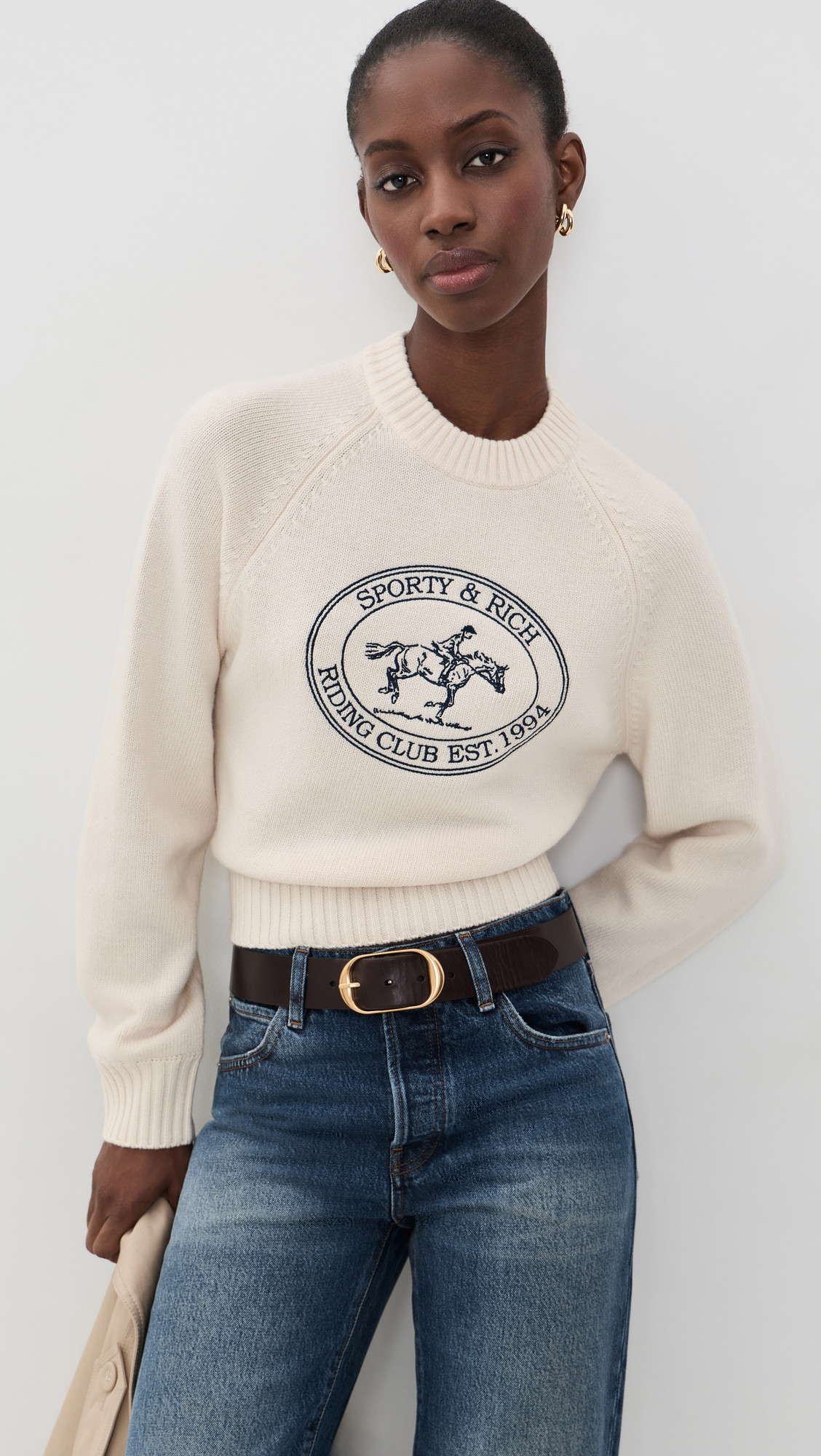 Sporty & Rich Riding Club Knitted Boxy Wool Sweater Ecru L | Shopbop