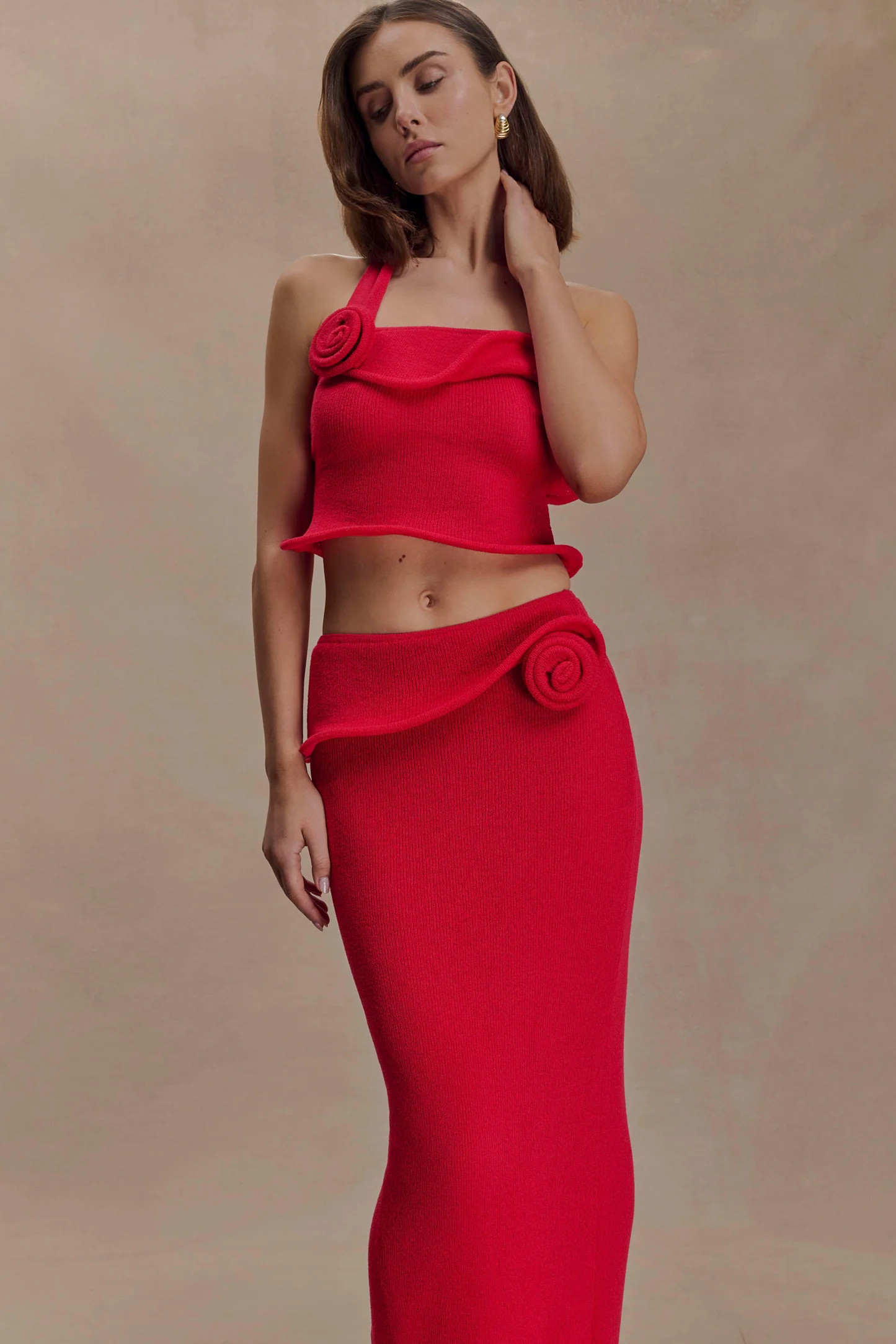 Halter Knit Twist Top - Red | MESHKI US