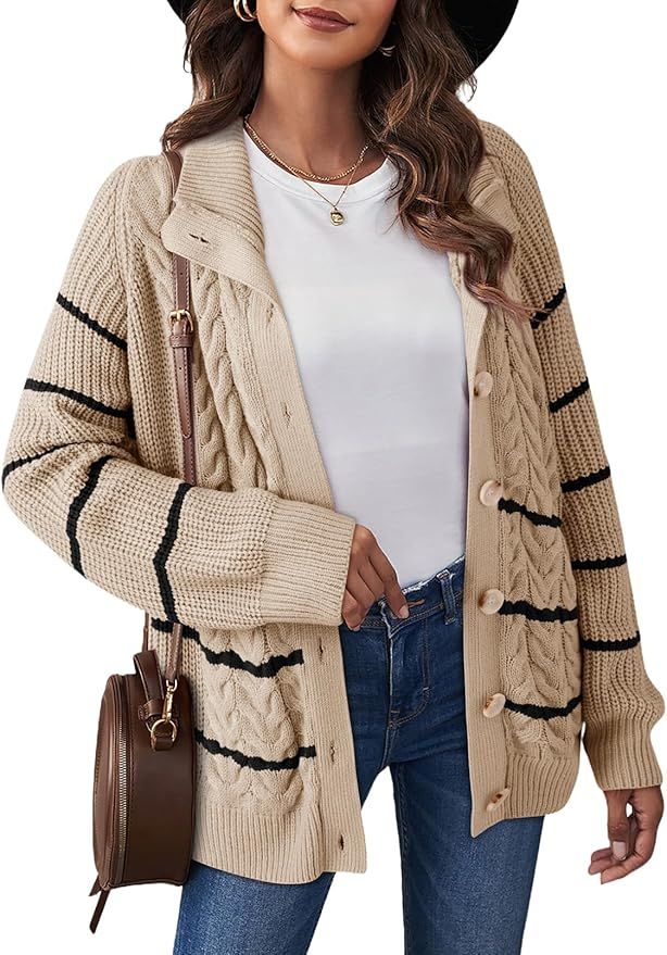 Dokotoo Women's 2024 Fall Long Sleeve Striped Sweater Open Front Chunky Cable Knit Cardigans Swea... | Amazon (US)