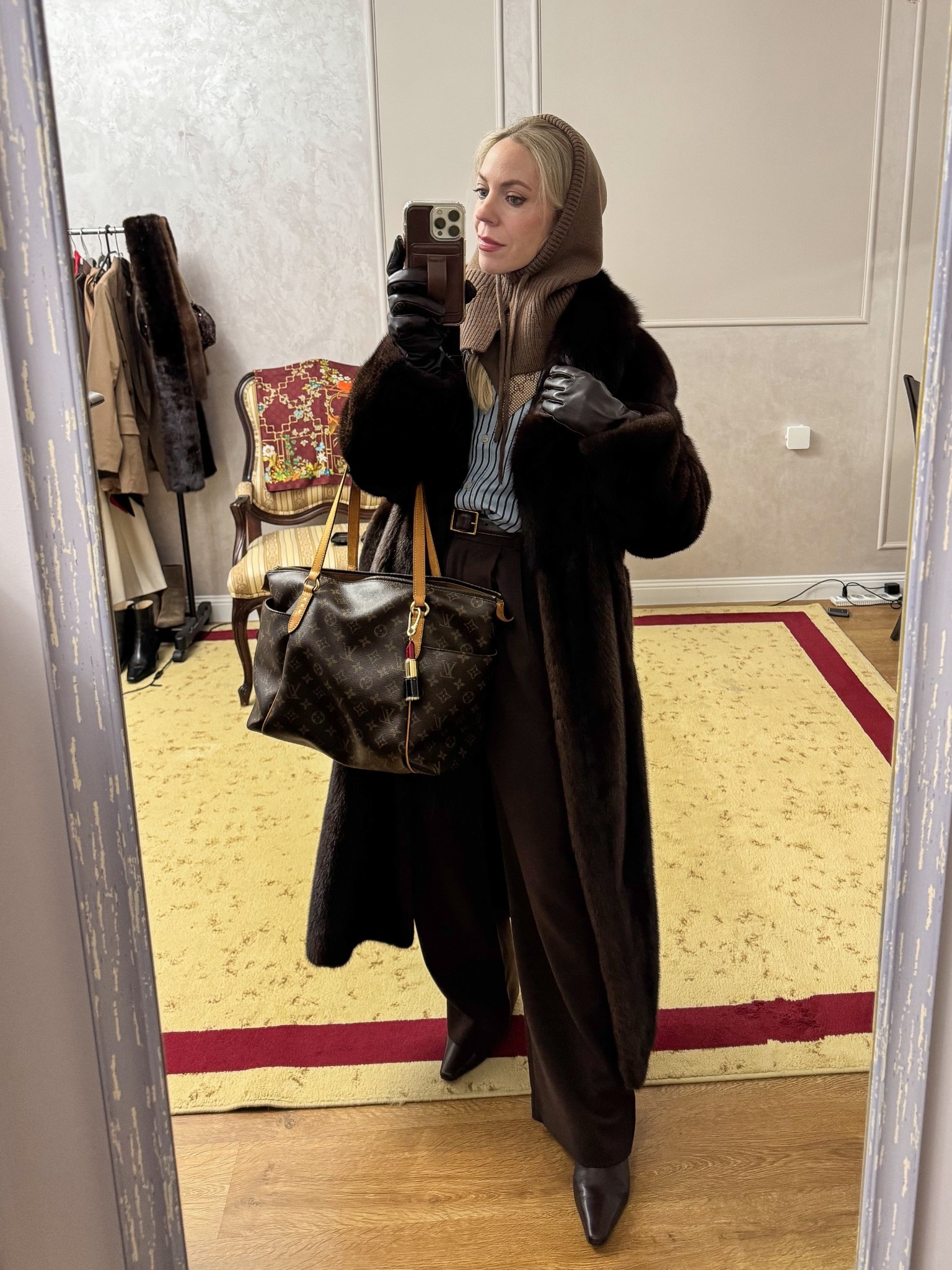 Winter workwear ootd, office look, brown fur coat, balaclava, @Zara striped shirt, @abercrombie Sloan coffee brown trousers, Louis Vuitton tote bag 

#LTKOver40 #LTKootd #LTKWorkwear