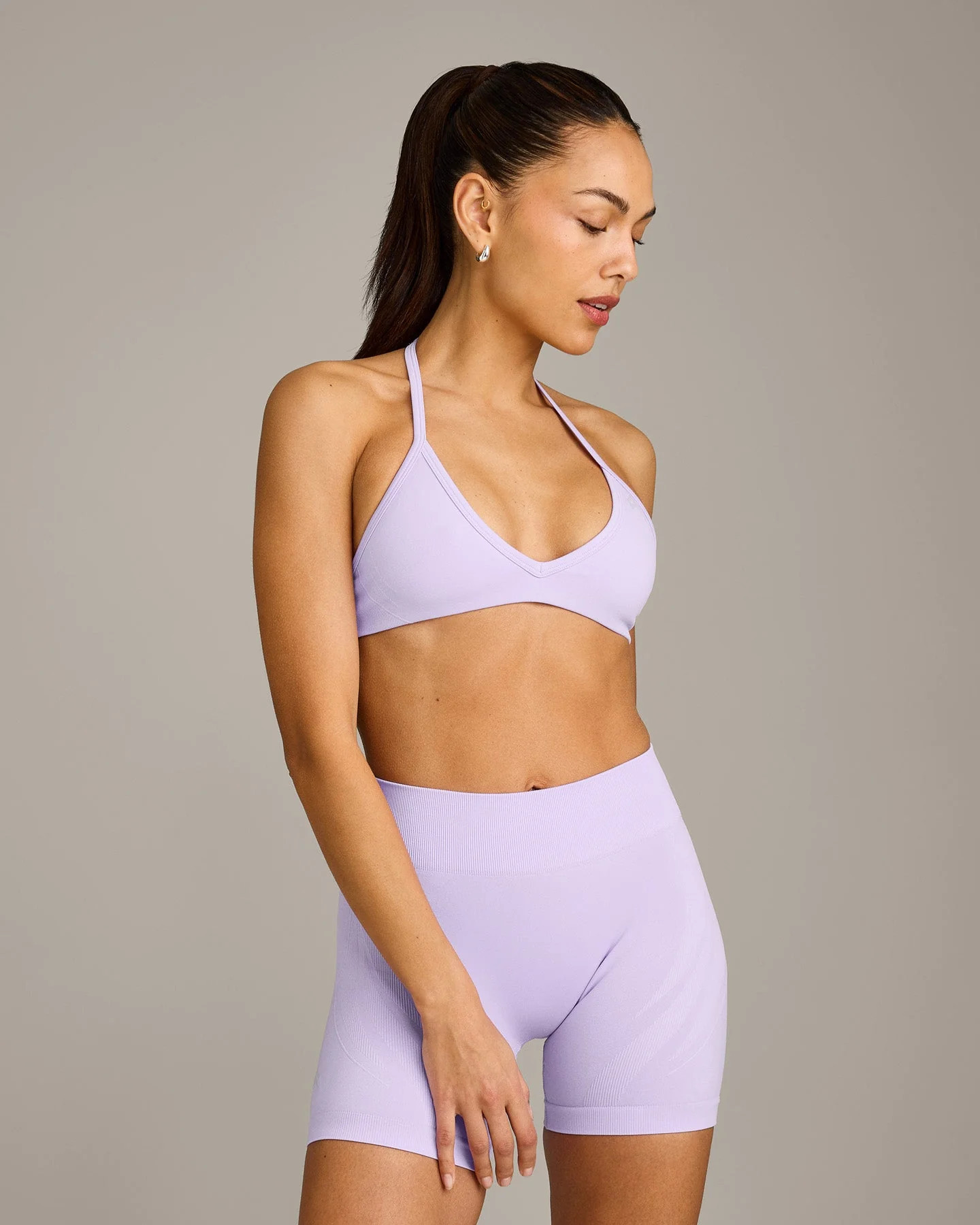 EnhanceLift™ Seamless Minimal Halter Neck Bralette with Gray Logo 
 Lavender Purple | Oner Active (UK / US)