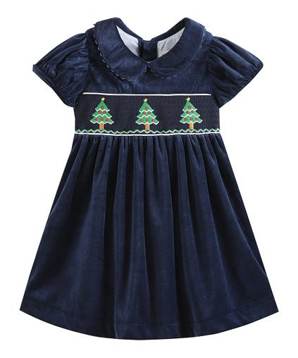 Blue Velour Christmas Tree Smocked A-Line Dress - Infant | Zulily