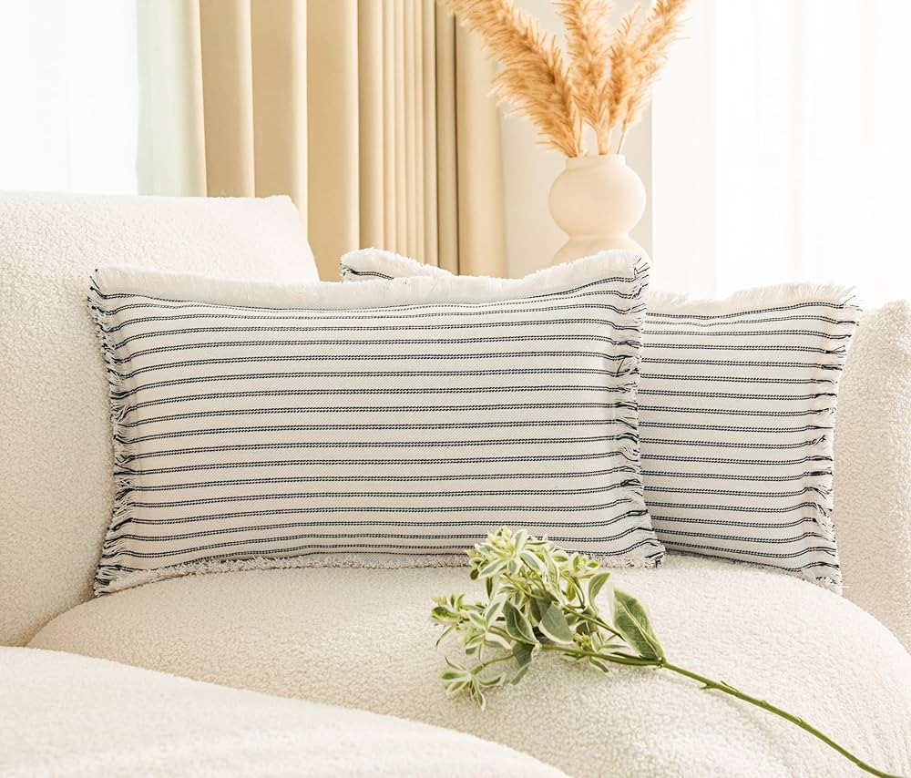 LIGICKY Set of 2 Fringe Lumbar Pillow Covers with Tassels Chic Black Striped Pillow Covers Boho C... | Amazon (CA)