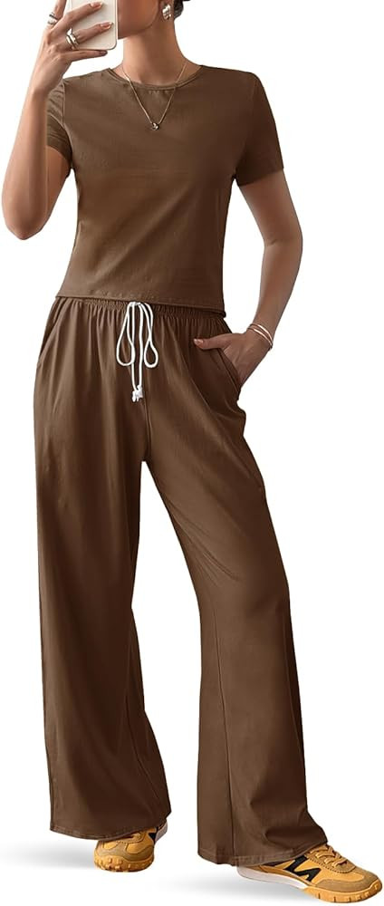 Fisoew Lounge Sets for Women Casual Workout Set Short Sleeve Crop Tops and Wide Leg Sweatpants Tr... | Amazon (US)