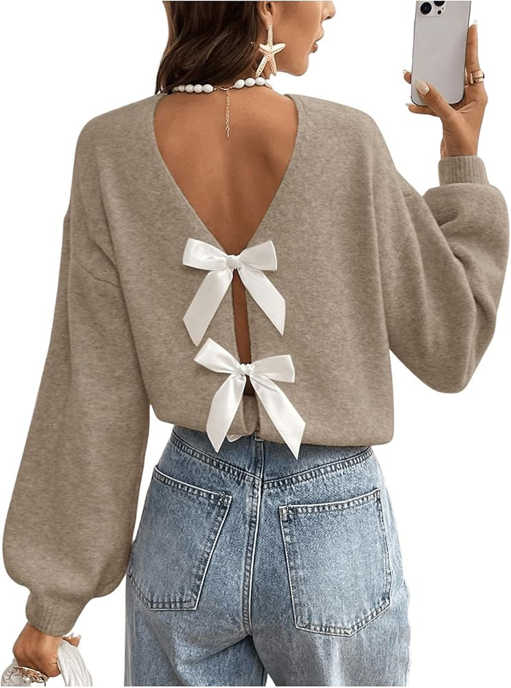MakeMeChic Women's Bow Sweater Long Sleeve Open Back Tie Back Sweater Cardigan Top | Amazon (US)