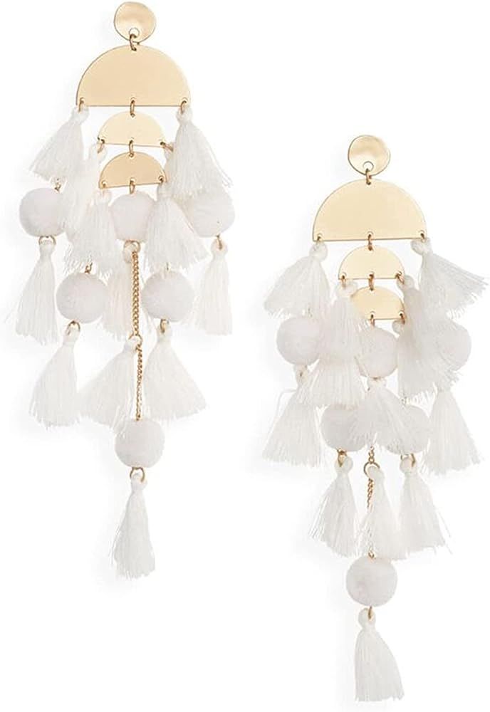 Long Tassel Statement Earrings for Women Gold Plated Pom Pom Fringe Danle Earrings Fashion Bohemian  | Amazon (US)