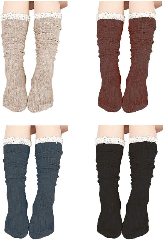 4 Pack Women Cotton Knit Boot Socks Knee High Socks Stockings with Lace Trim (Beige, Dark Grey, B... | Amazon (US)