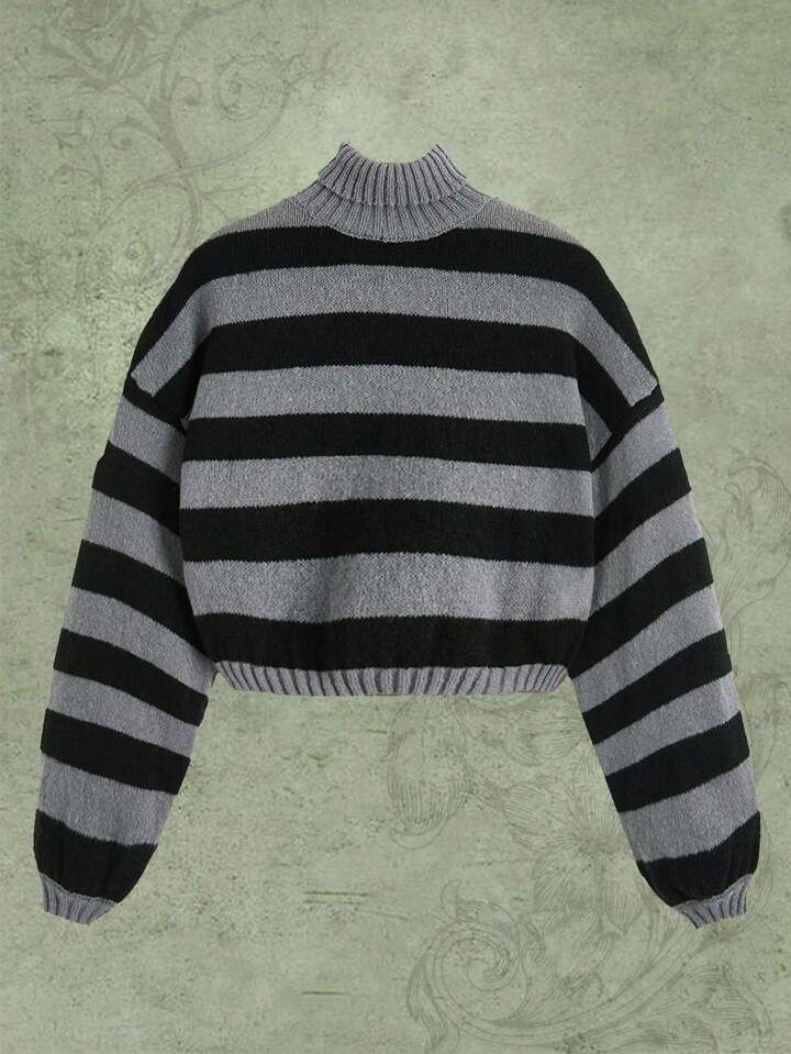 ROMWE Fairycore Plus Striped Pattern Drop Shoulder Sweater | SHEIN
