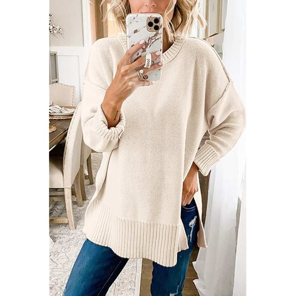 Women's Casual Crew Neck Side Split Pullover Sweater Loose Long Sleeve Jumper Top | Amazon (US)