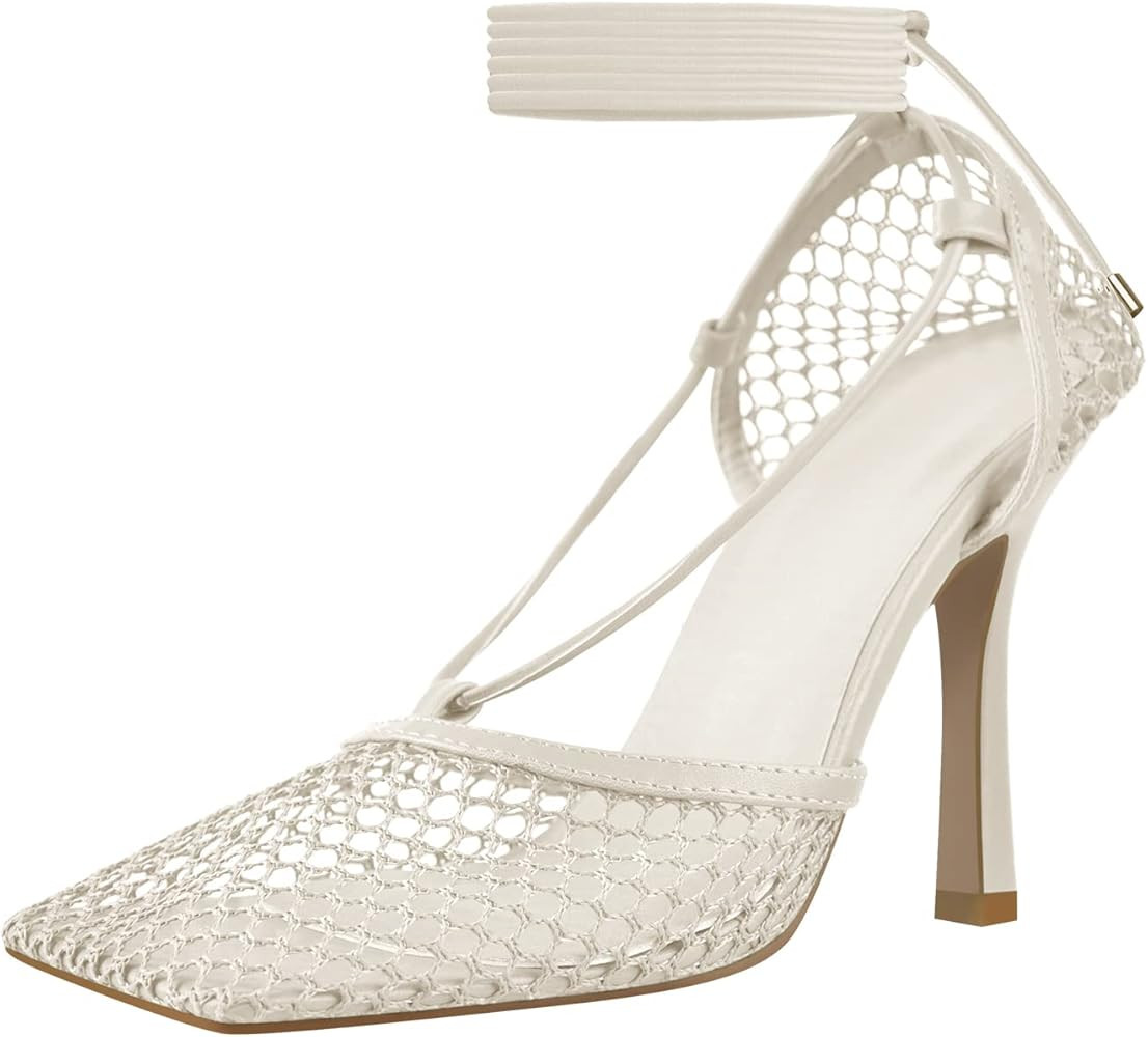 Richealnana Women's Square Toe Mesh Lace Up Strappy Sexy Sandals | Amazon (US)