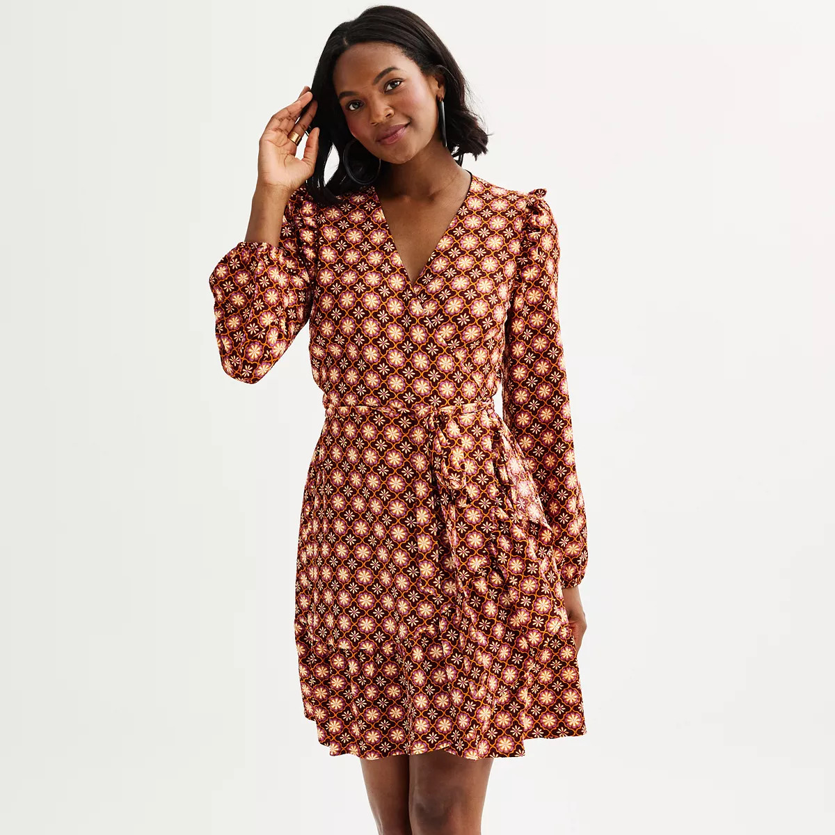 Women's Draper James Allover Geo Long Sleeve Ruffle Wrap Mini Dress | Kohl's