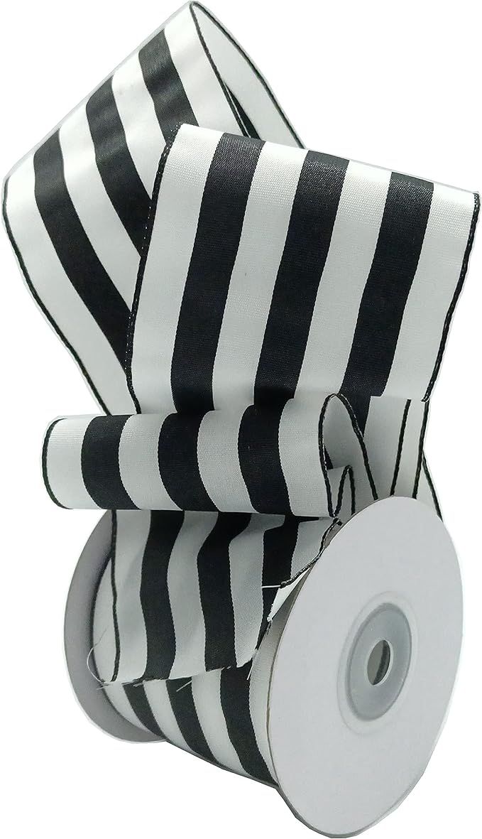 CSZD RIBBON 2.5inch Wide 10 Yards Wired Gift Wrapping Ribbon Black White Stripe Wired Ribbon for ... | Amazon (US)