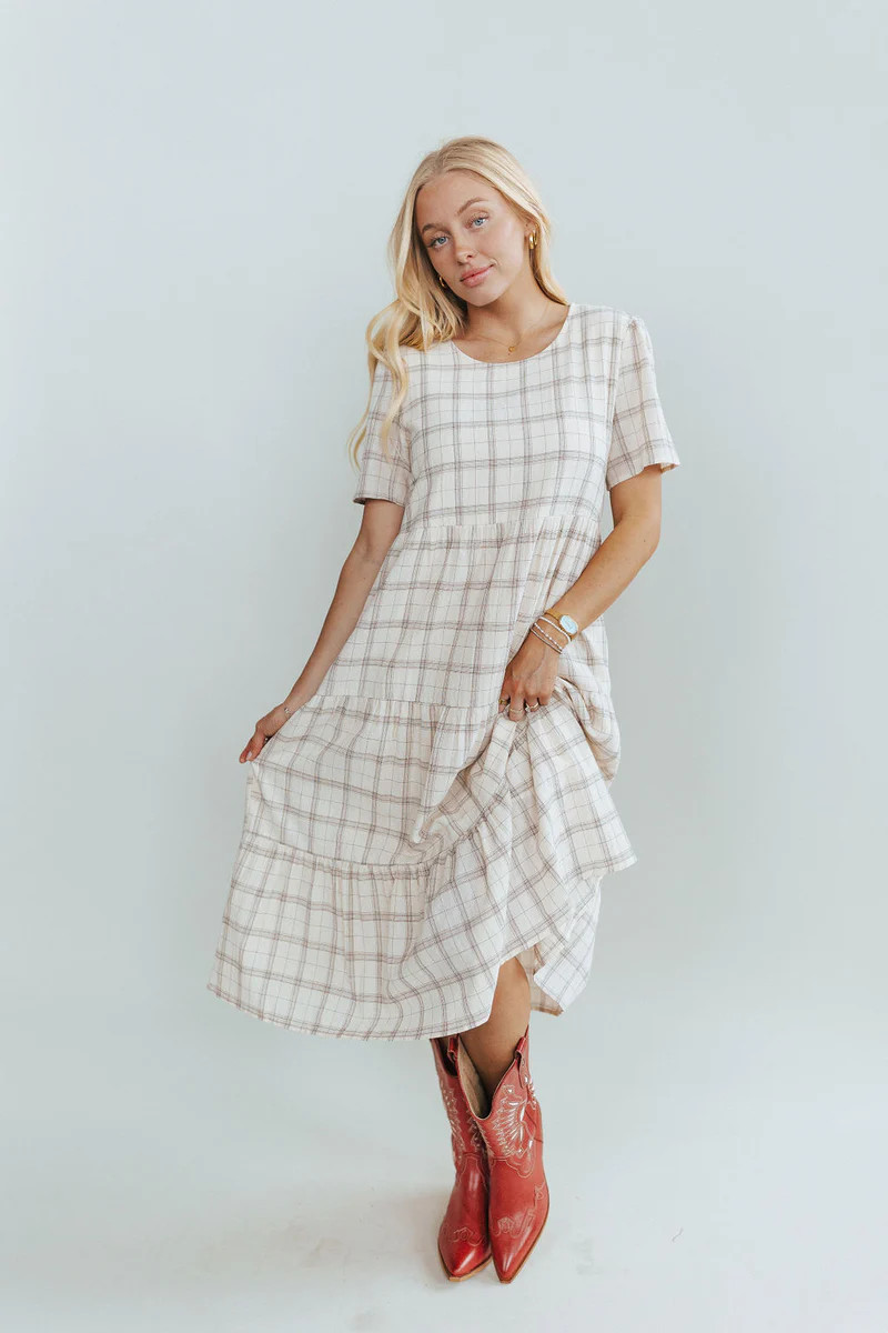 Peggy Plaid Dress in Ivory | Henly