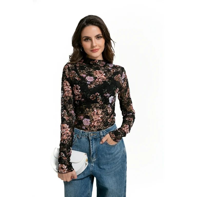 MINTREUS Women Turtleneck Mesh Top Long Sleeve Floral Lace Design Versatile Layering Top | Walmart (US)